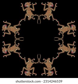 Rectangular animal frame with stylized jaguars. Native American art of Aztec Indians. From Mexican codex. On black background.