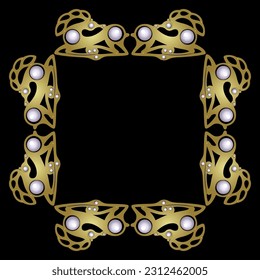 Rectangular animal frame with stylized lying deer with antlers. Celtic ethnic motif. Golden glossy silhouette with pearl beads on black background. 
