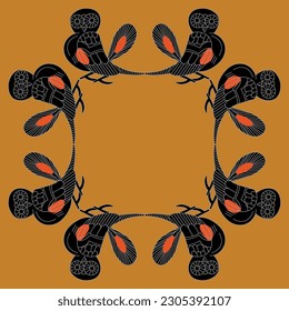 Rectangular animal frame with stylized owl birds. Ancient Greek vase painting style.