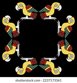 Rectangular animal frame with stylized parrot birds. Folk style. Native American art of Aztec Indians from Mexican codex. On black background.