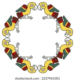 Rectangular animal frame with stylized parrot birds. Folk style. Native American art of Aztec Indians from Mexican codex. Isolated vector illustration.