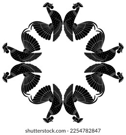 Rectangular animal frame with stylized roosters. Ancient Greek vase painting style. Black and white negative silhouette.