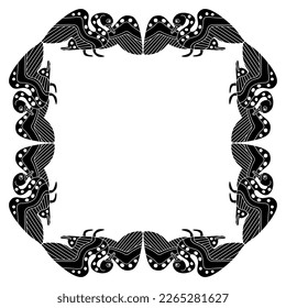 Rectangular animal frame with waterfowl birds with open wings. Swans, ducks or gooses. Ancient Greek vase painting ethnic style. Black and white silhouette.