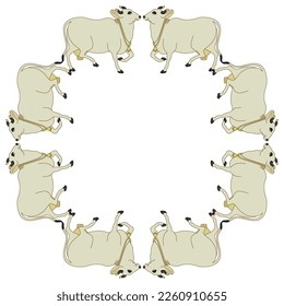 Rectangular animal frame with white Indian cows. Sacred Hindu symbol.