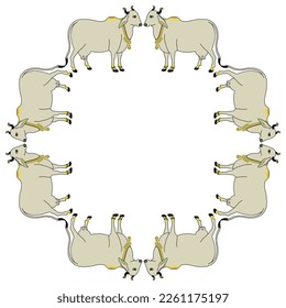 Rectangular animal frame with white Indian cows. Sacred Hindu symbol.