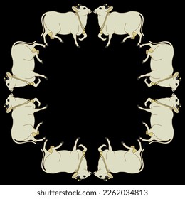 Rectangular animal frame with white Indian cows. Sacred Hindu symbol. On black background.
