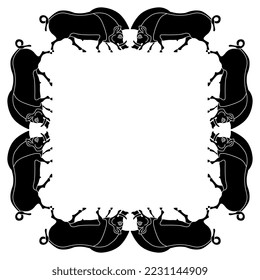 Rectangular animal frame with wild pigs or boars. Ethnic ancient Greek or Celtic style. Black and white silhouette.