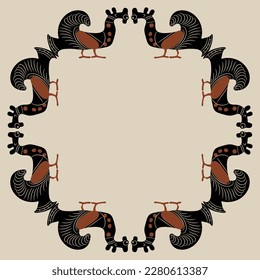 Rectangular animal ornament with stylized birds. Ancient Greek vase painting folk style.