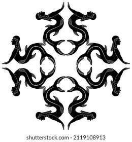 Rectangular antique design with fantastic mermaids. Black and white negative silhouette.