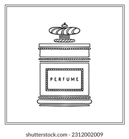 Rectangular antique glass perfume bottle with antique cap. Black and white fashion sketches. Vector illustration