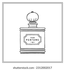 Rectangular antique glass perfume bottle with round cap. Black and white fashion sketches. Vector illustration