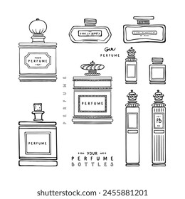 Botellas de perfume de vidrio antiguo rectangulares con tapas antiguas y tapones de corcho. Conjunto de bocetos de moda en blanco y negro. Ilustración vectorial