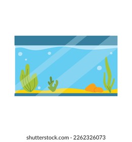 Acuario rectangular. Acuario con algas de estilo plano. Ilustración vectorial. Acuario aislado vacío al estilo de las caricaturas.