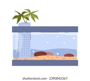 Acuario rectangular con decoración, piedras y arena de estilo plano, ilustración vectorial aislada en fondo blanco. Elemento de diseño decorativo, tazón de vidrio para mascotas de peces con agua y burbujas
