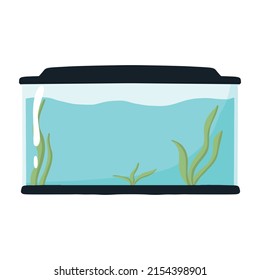Rectangular aquarium. Empty aquarium with algae. Vector illustration in cartoon style.