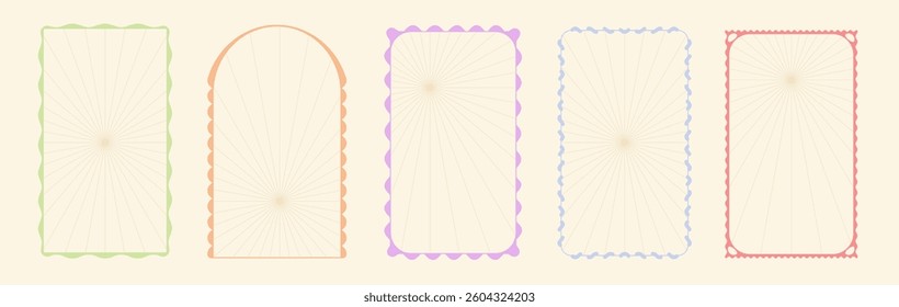Rectangular and arch frames with decorative scalloped borders in pastel colors. Delicate wavy frilly edges and concentric lines pattern for elegant vintage labels or tags. Grooved vertical contours.
