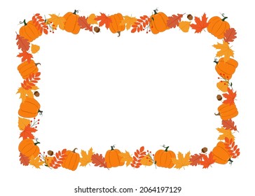 Rectangular Autumn frame. Pumpkins, leaves, berries and acorns. Background for autumn decorative design. Isolated vector illustration 