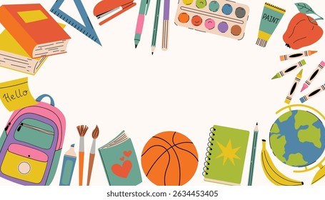Rectangular Back to School banner in cartoon flat style with school supplies—books, pencils, backpack, paints, framing the white background. No text, perfect for customizing and printing.