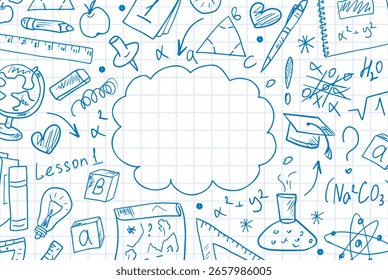Retangular de volta à escola quadro com materiais escolares desenhados à mão. Plano de fundo com espaço para texto, conceito de educação. Modelo para criação de diplomas, certificados, anúncios escolares e capas.
