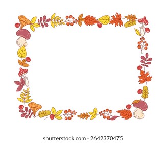 Rectangular background. Autumn leaves, mushrooms, berries. Frame, banner. Fly agaric, branches, doodle, drawing. Natural botanical background. Plant frame, border, hand drawn, design invitation.