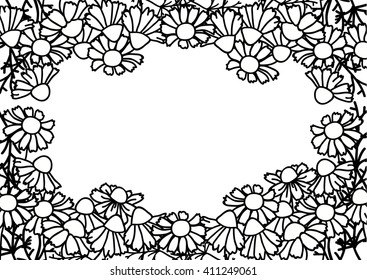 The rectangular background of chamomile. Black and white frame of wildflowers.