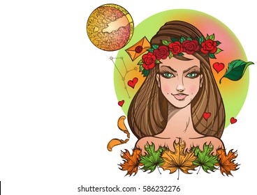 Rectangular background with Female portrait. Girl symbolizes the zodiac sign Virgo. Color illustration with the image of women.