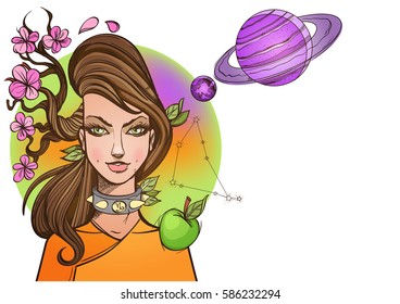 Rectangular background with Female portrait. Girl symbolizes the zodiac sign Capricorn. Color illustration with the image of women.