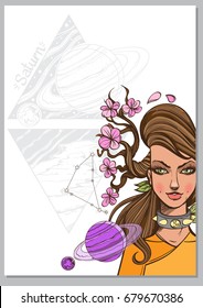 Rectangular background with Female portrait. Girl symbolizes the zodiac sign Capricorn. Color illustration with the image of women.