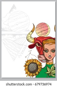 Rectangular background with Female portrait. Girl symbolizes the zodiac sign Taurus. Color illustration with the image of women.