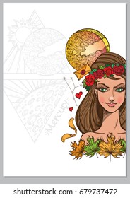 Rectangular background with Female portrait. Girl symbolizes the zodiac sign Virgo. Color illustration with the image of women.