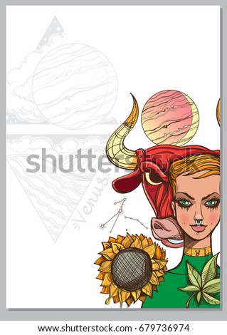 Rectangular background with Female portrait. Girl symbolizes the zodiac sign Taurus. Color illustration with the image of women.