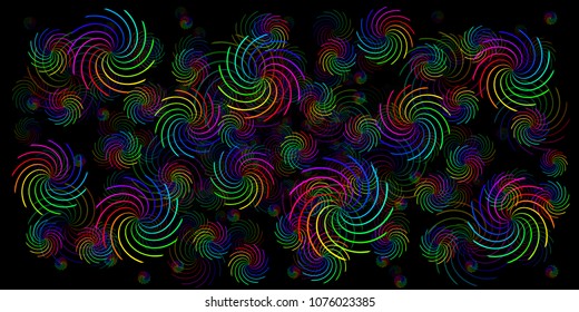 rectangular background in the form of colored spirals of different sizes on a black background