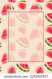 Rectangular background with patterns of watermelons on a beige background. Bright and summer background with fruits