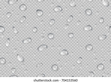 Rectangular background with translucent drops of water on a transparent backdrop. Seamless vector illustration with dew