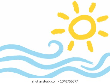 Rectangular background with waves and sun drawn by hand with rough brush. Imitation of children's watercolor drawing. Grunge, sketch, paint. Horizontal vector illustration. White, blue, yellow.