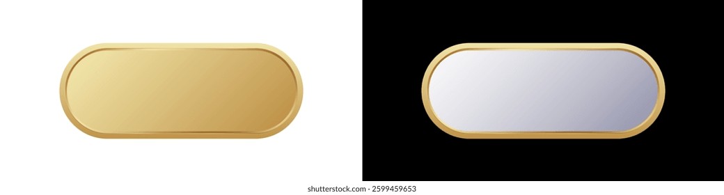 A rectangular badge with gold and silver finishes, featuring smooth, rounded corners and reflective surfaces.