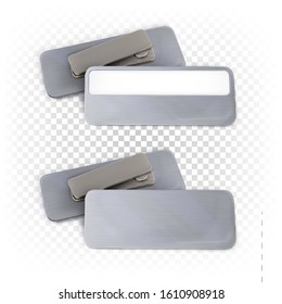 Rectangular badge on a magnet with and without a frame for signature. Mockup of metallic silver badge for corporate companies, person identification. Vector template isolated on white.