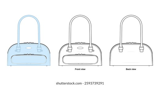 Rectangular Baguette Bag Technical Fashion Illustration. Structured Top-Handle Shoulder Bag Vector Template. Front View. Minimalist Design. Zip Closure. Contrast Trim. Women’s Accessories. CAD Mockup.