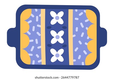 Rectangular baking tray filled with a delicious lemon cake, beautifully adorned with white flowers and colorful sprinkles, capturing the essence of homemade desserts and joyful celebrations