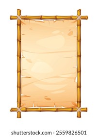 Rectangular bamboo frame with worn parchment paper and realistic details. Perfect for banners and text. Vector cartoon illustration