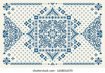 Rectangle Bandana Print Vektorillustration Design für Teppich, Teppich, Tapis, Schal, Handtuch, Textilien, Yogamat. Neck-Schal- oder Kerchmuster-Design. Traditionelle ethnische Ziermuster mit Paisley und Blumen.