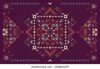 Rectangular Bandana Print vector design for rug, carpet, tapis, shawl, towel, textile, yoga mat. Neck scarf or kerchief pattern design. Traditional ornamental ethnic pattern with paisley and flowers.