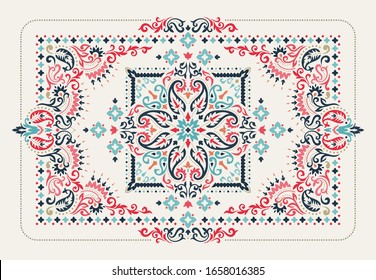 Rectangular Bandana Print vector design for rug, carpet, tapis, shawl, towel, textile, yoga mat. Neck scarf or kerchief pattern design. Traditional ornamental ethnic pattern with paisley and flowers.