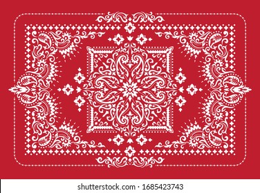 Rectangle Bandana Print Vektorillustration Design für Teppich, Teppich, Tapis, Schal, Handtuch, Textilien, Yogamat. Neck-Schal- oder Kerchmuster-Design. Traditionelle ethnische Ziermuster mit Paisley und Blumen.