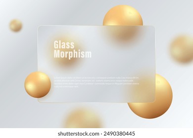 Anuncio rectangular o tarjeta de banco de vidrio transparente con esferas de oro 3D.