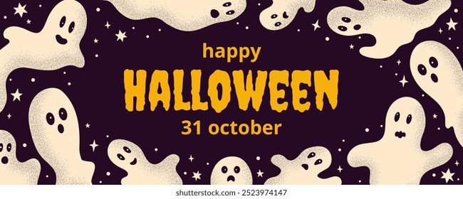 Banner retangular para comemorar o Halloween. Sombras fantasmas diferentes no fundo preto. Estilo retrô. Efeito de textura de ruído. Design para convite, publicidade, decoração.