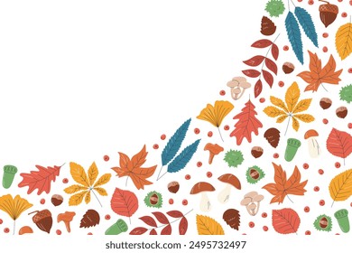 Rectangular banner with copy space for autumn season sale. Fall elements free form design concept. Composition of foliage. Color leaves hand drawn flat vector illustration isolated on white