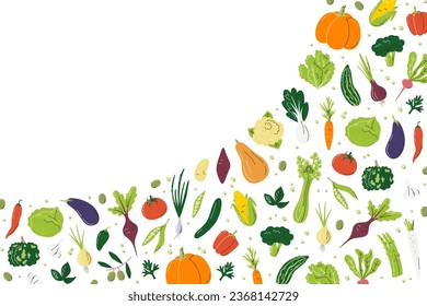 Rectangular banner with copy space for local markets. Farmer's agricultural products free form design concept. Composition of vegetables. Veggies hand drawn flat vector illustration isolated on white