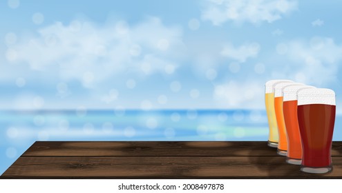 Rectangular banner with craft beer in weizen glasses. Wooden table against the background of the sea and blue sky. Light and dark beer, ale, and lager. Beer day. Template. Post. Vector illustration