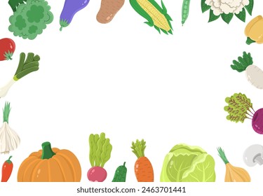 Rectangular banner with different flat vegetables on a white background. Vector cartoon illustration